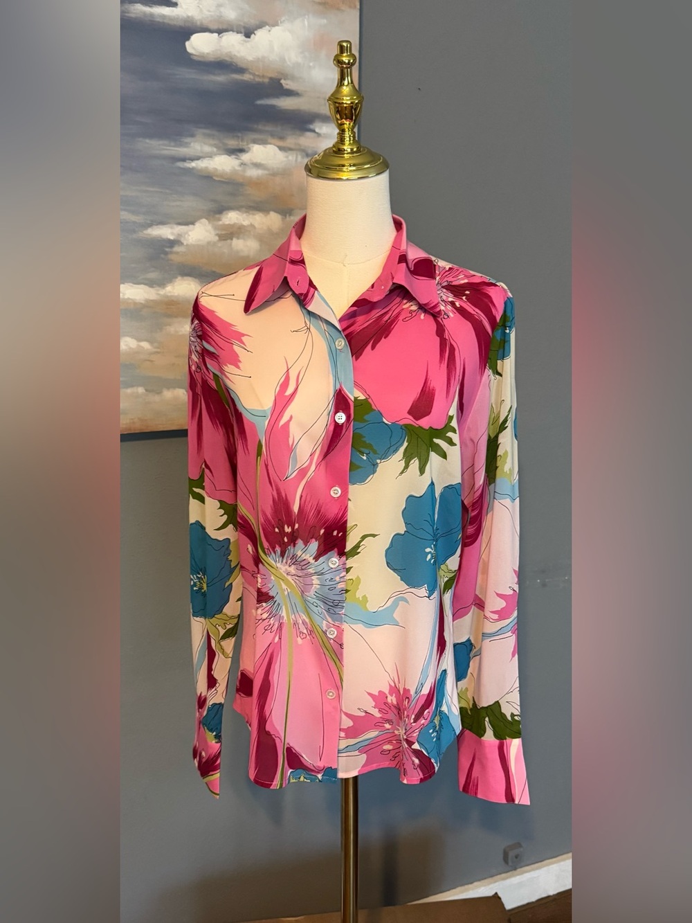 NWOT Anne Klein stretch silk blouse in bold Azalea floral pattern Size 10